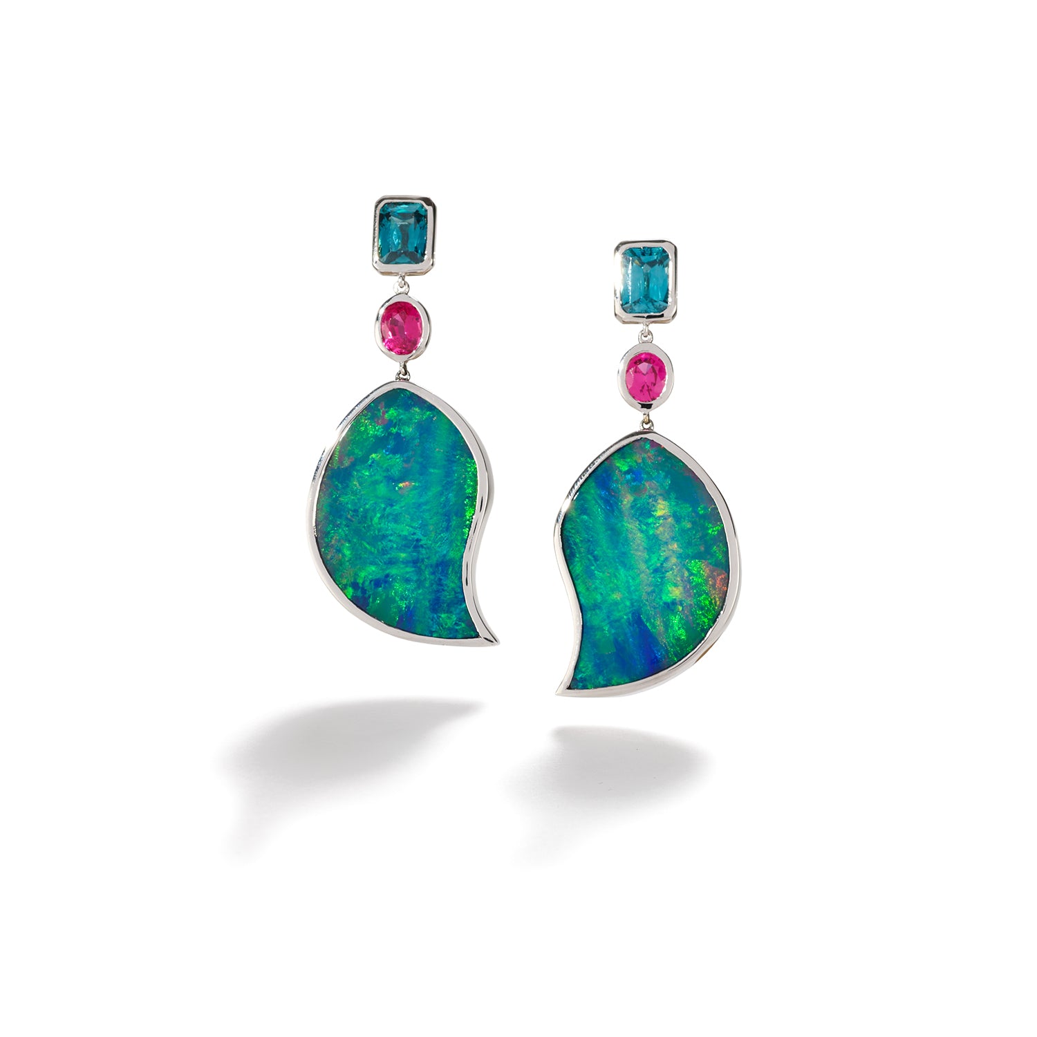 Black Opal Doublet, Blue Zircon & Hot Pink Spinel Earrings