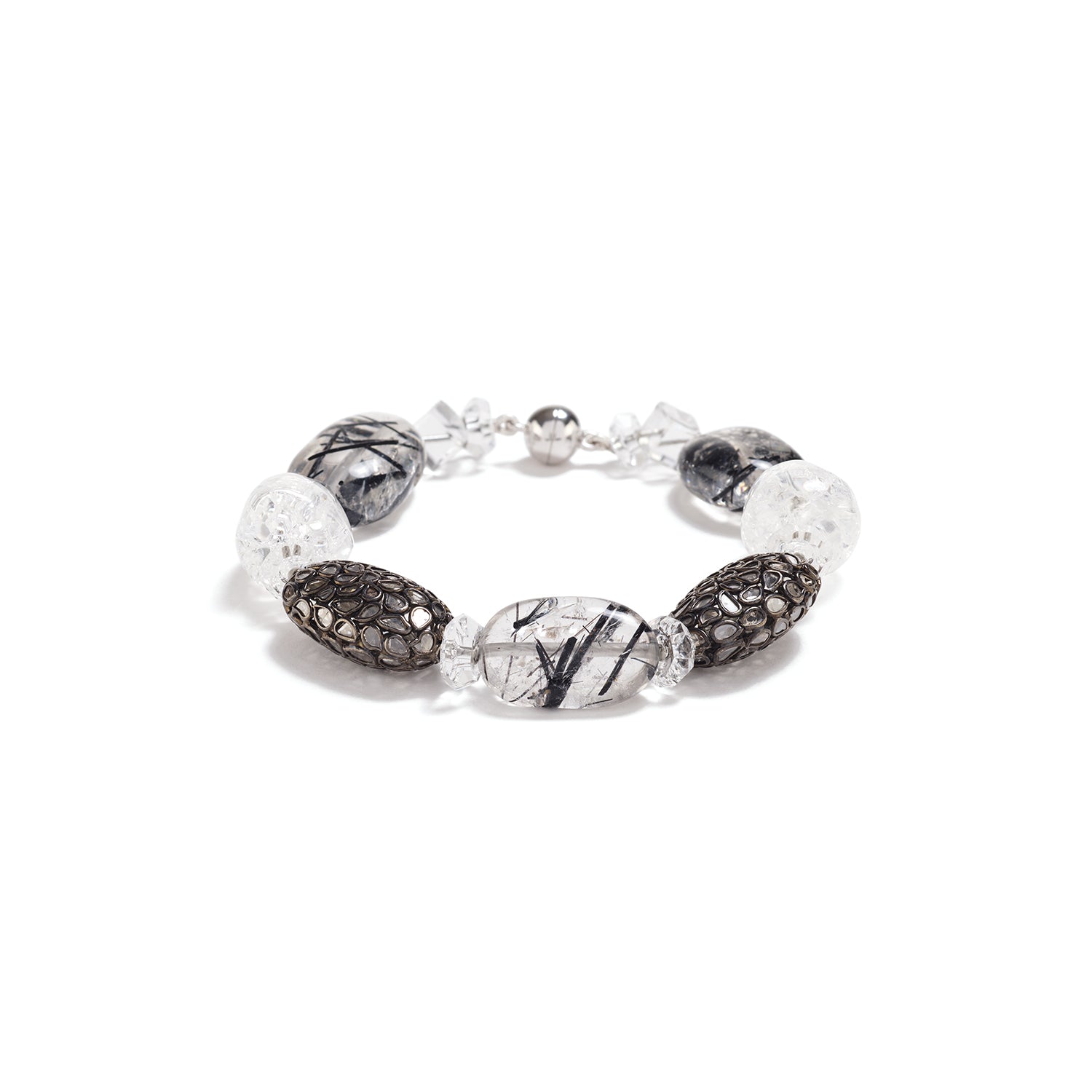 Diamond, Crystal & Black Tourmalated Quartz Bracelet