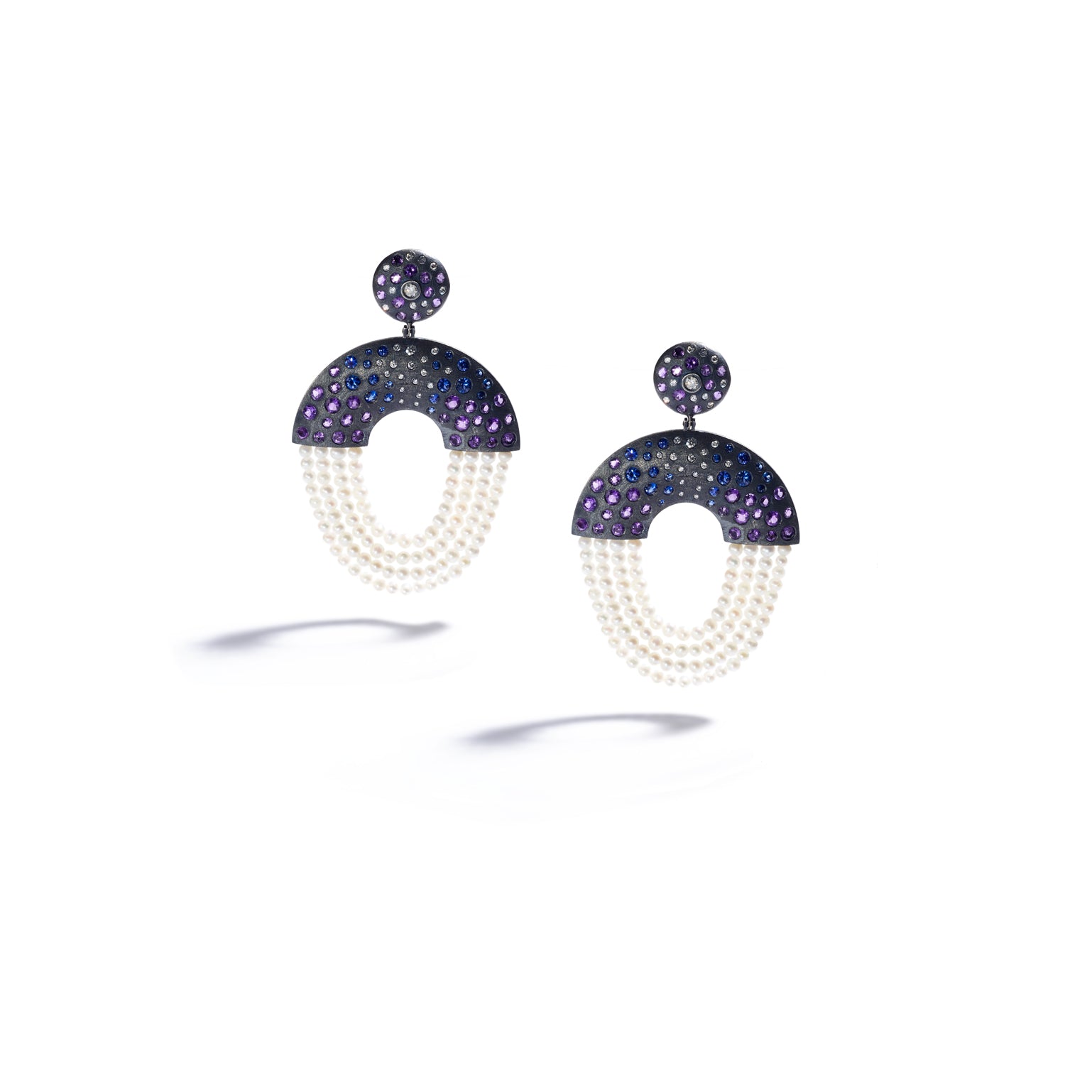 Amethyst, Sapphire, Diamond, and Pearl Earrings