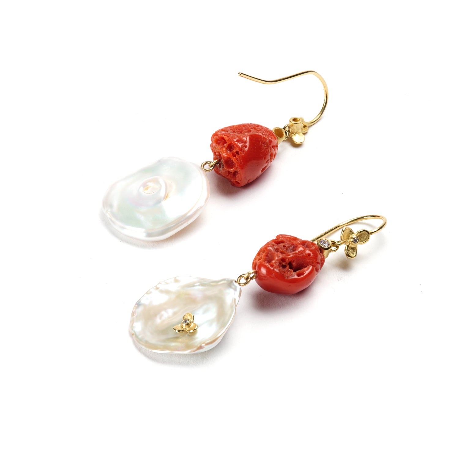 Red Coral & White Pearl Drop Earrings