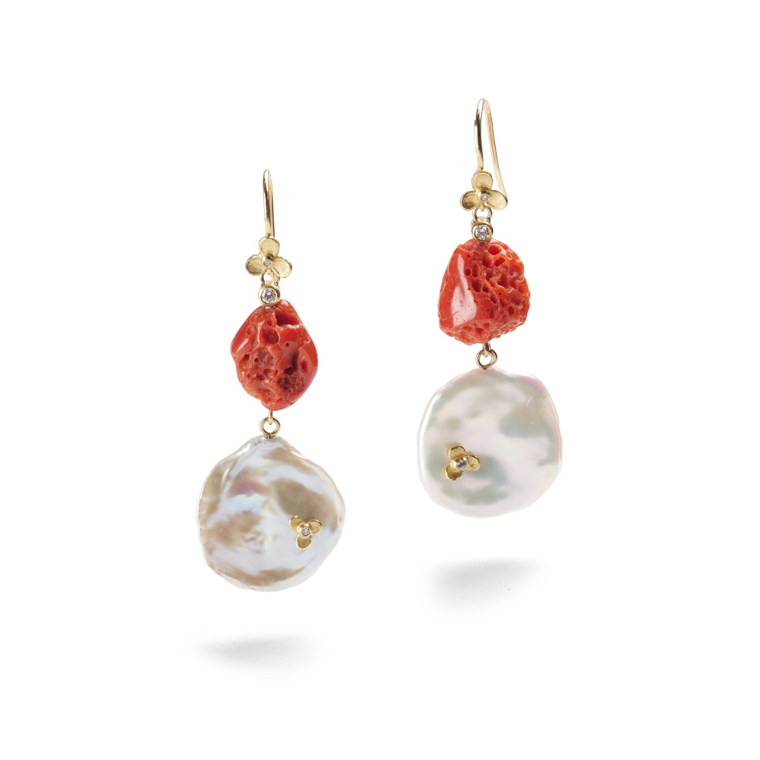 Red Coral & White Pearl Drop Earrings