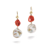 Red Coral & White Pearl Drop Earrings