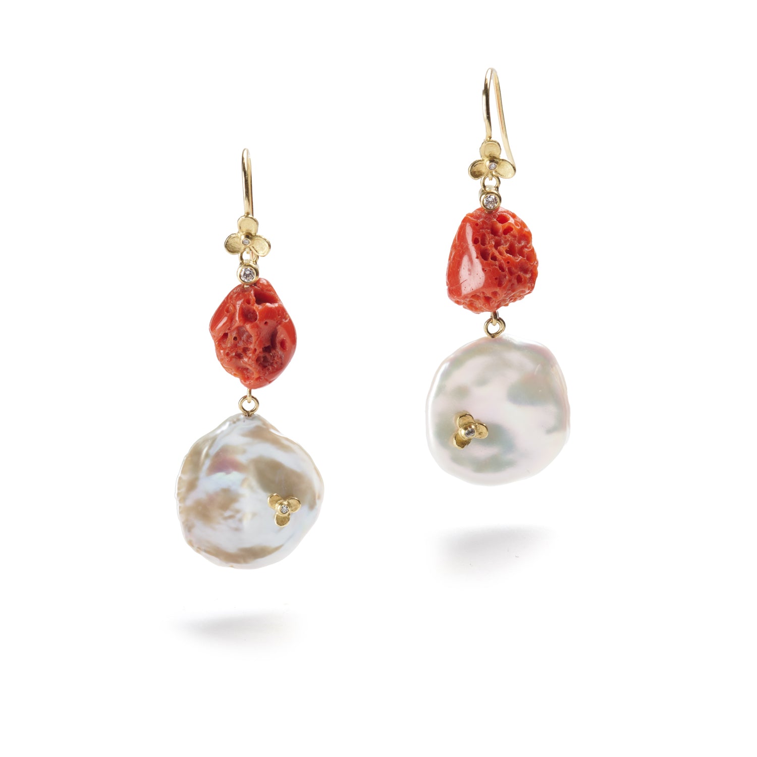 Red Coral & White Pearl Drop Earrings