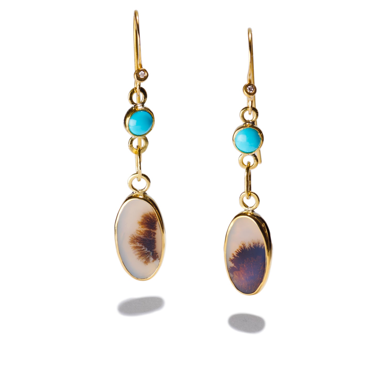 Dendritic Agate & Blue Gem Turquoise Gold Earrings