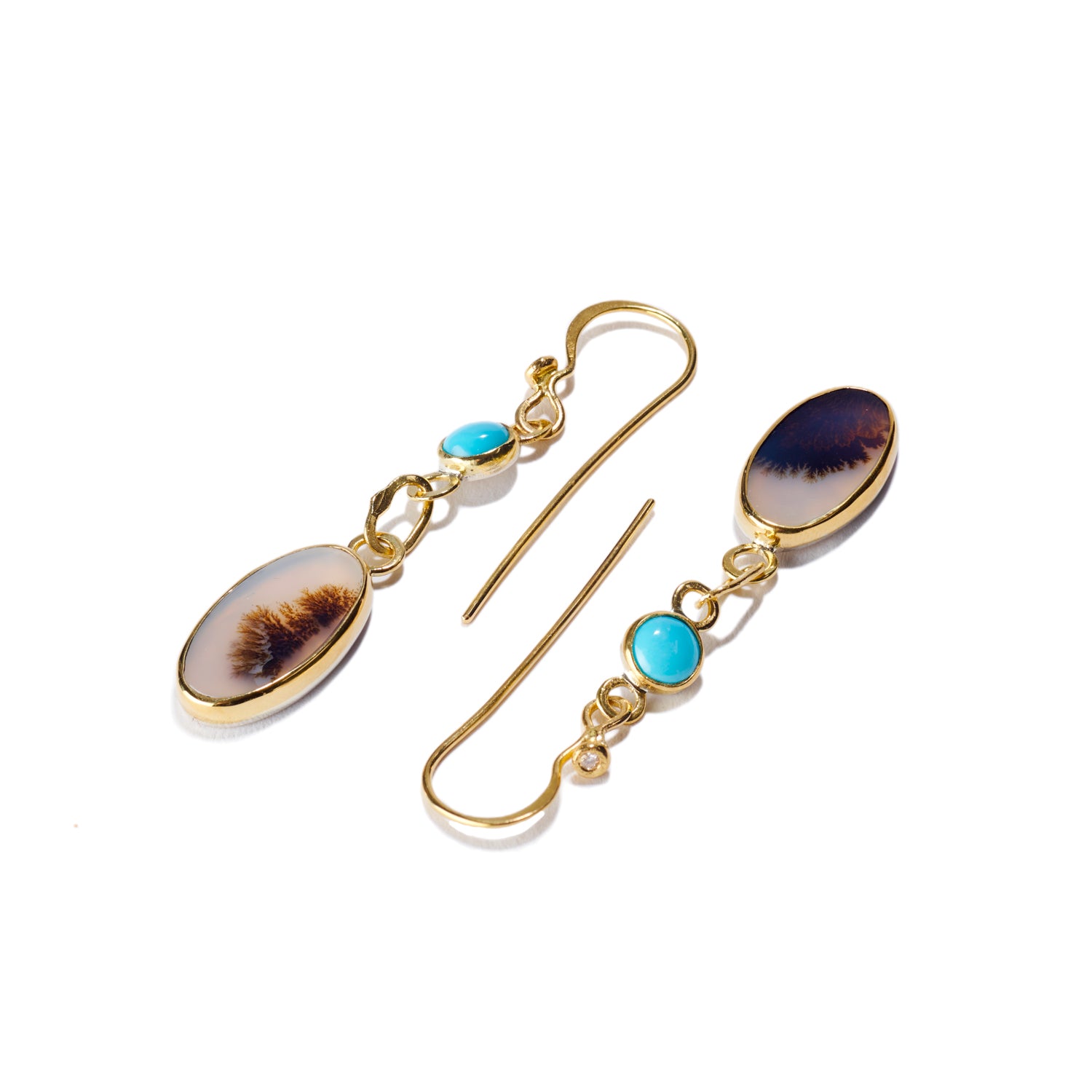Dendritic Agate & Blue Gem Turquoise Gold Earrings