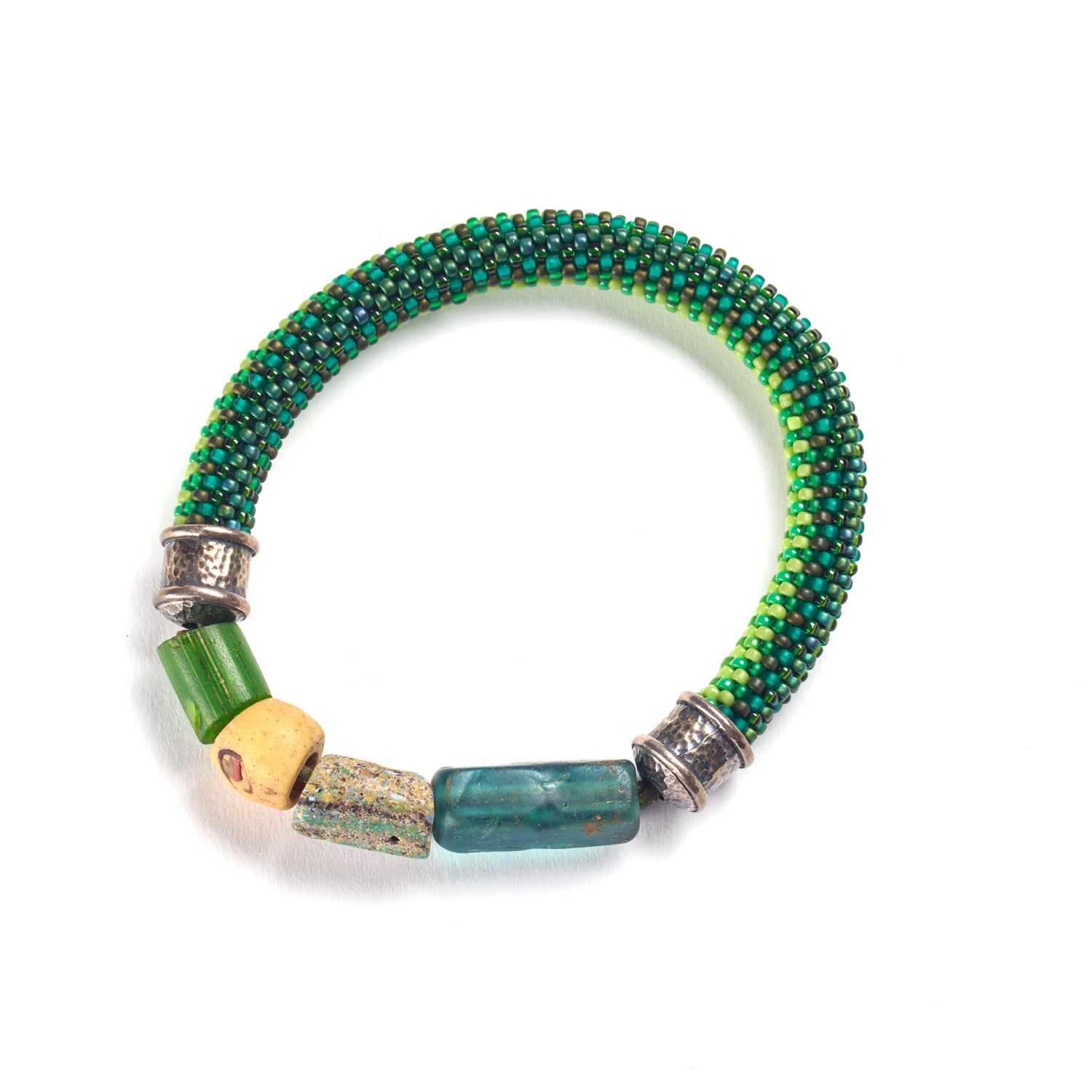 Green Bracelet with Antique Glass Finials