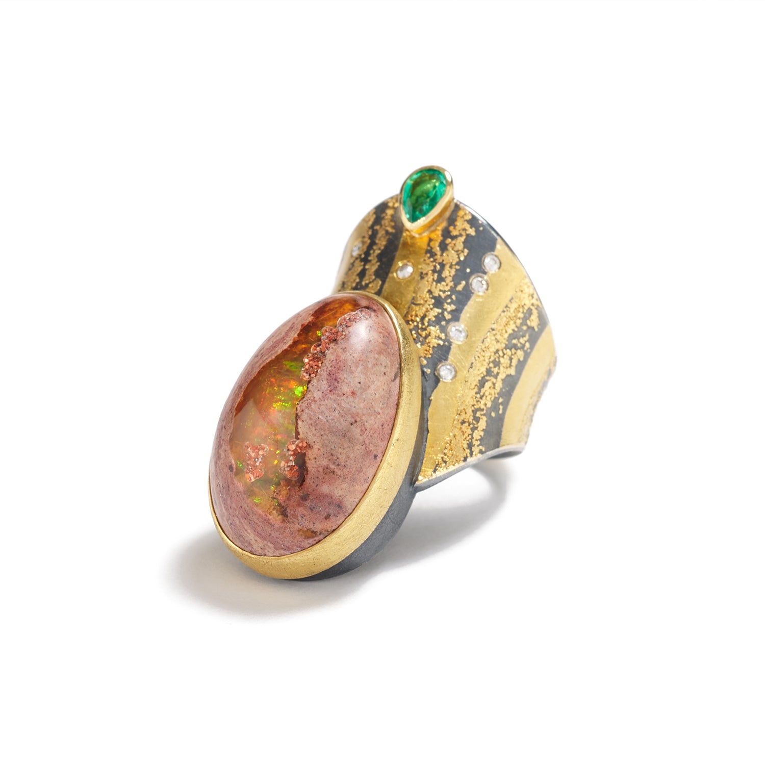 Mexican Fire Opal and Emerald Ring
