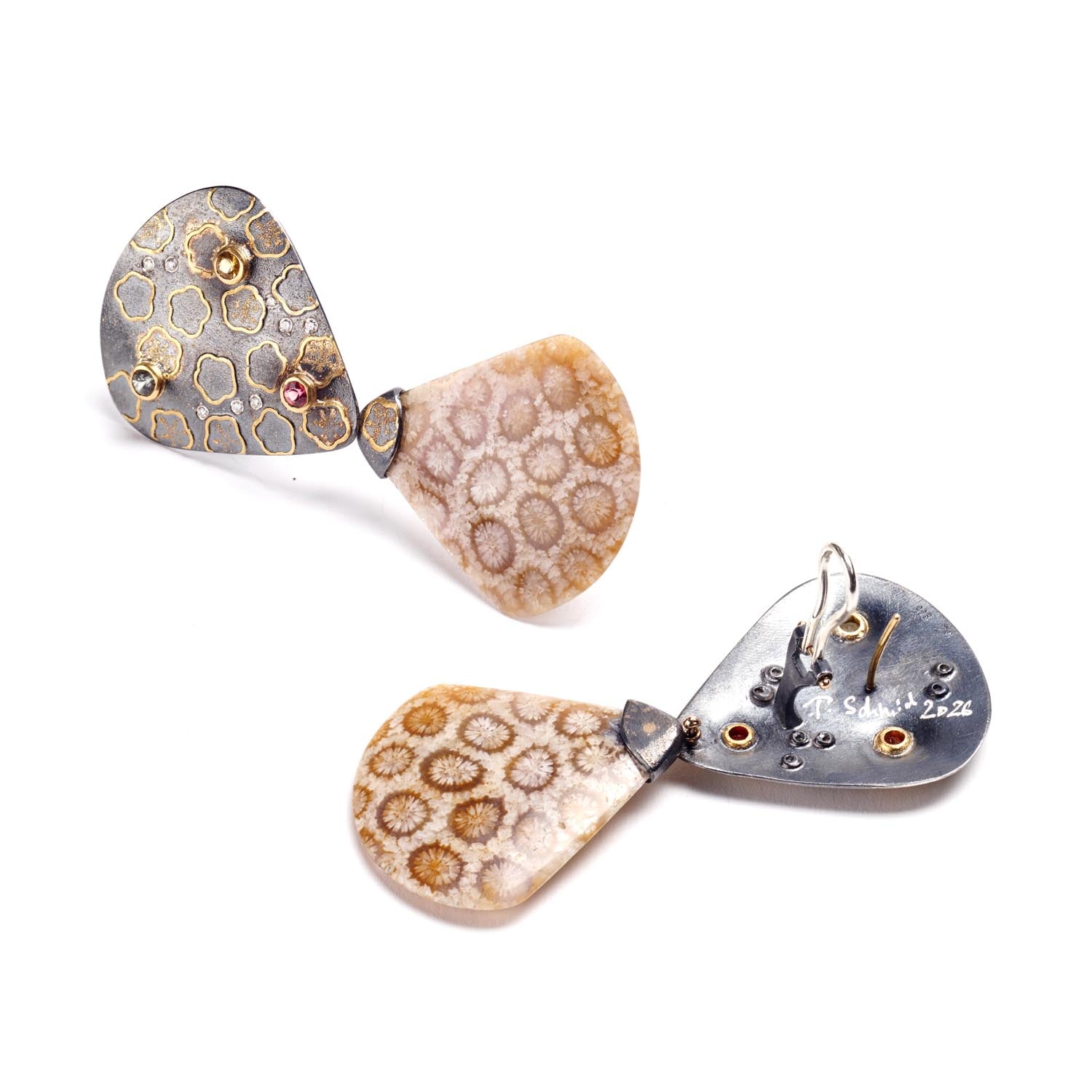 Petrified Coral & Sapphire Drop Earrings
