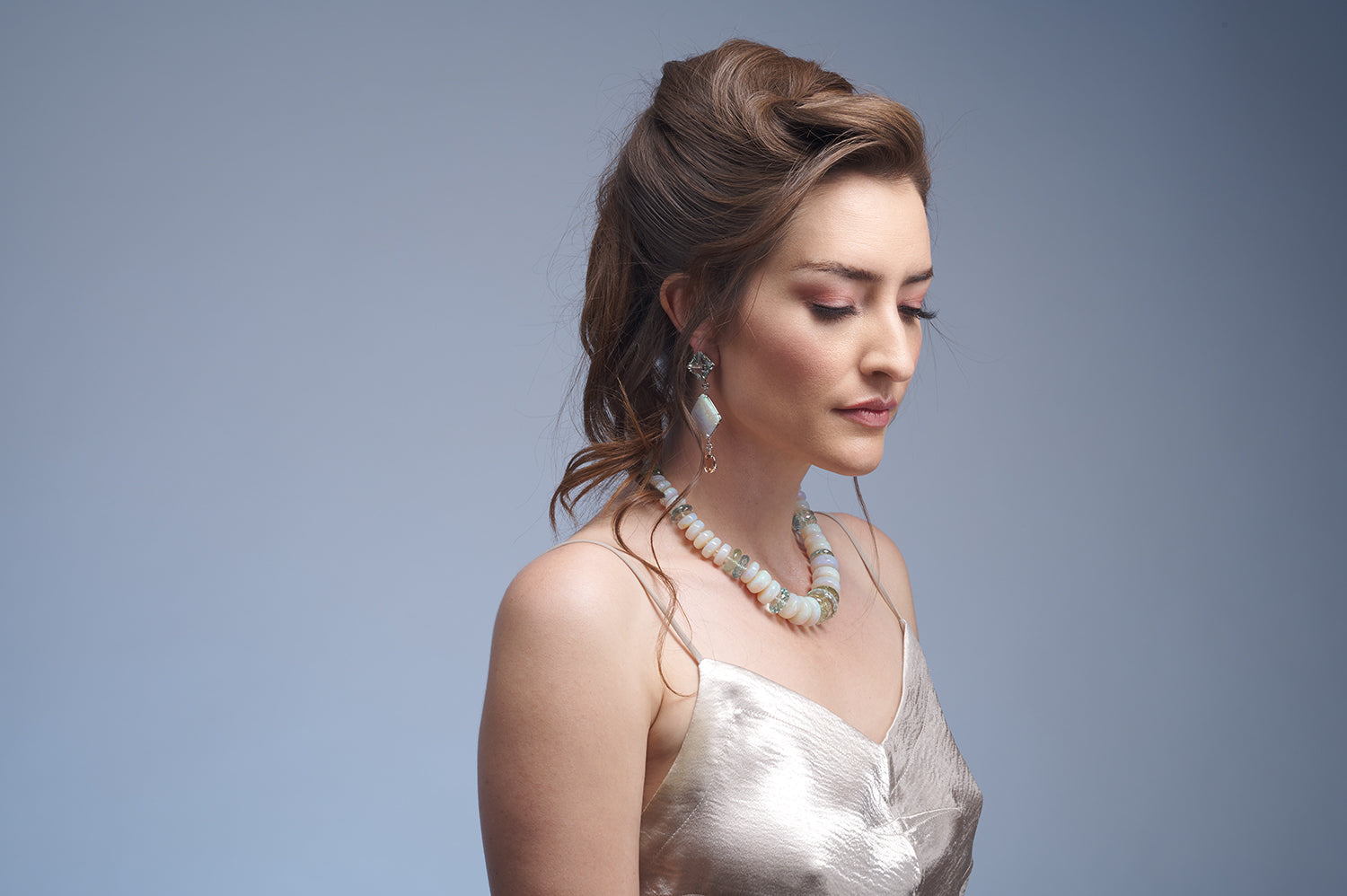 Mintabie Crystal Opal, Aquamarine, Diamond, & Peach Tourmaline Earrings