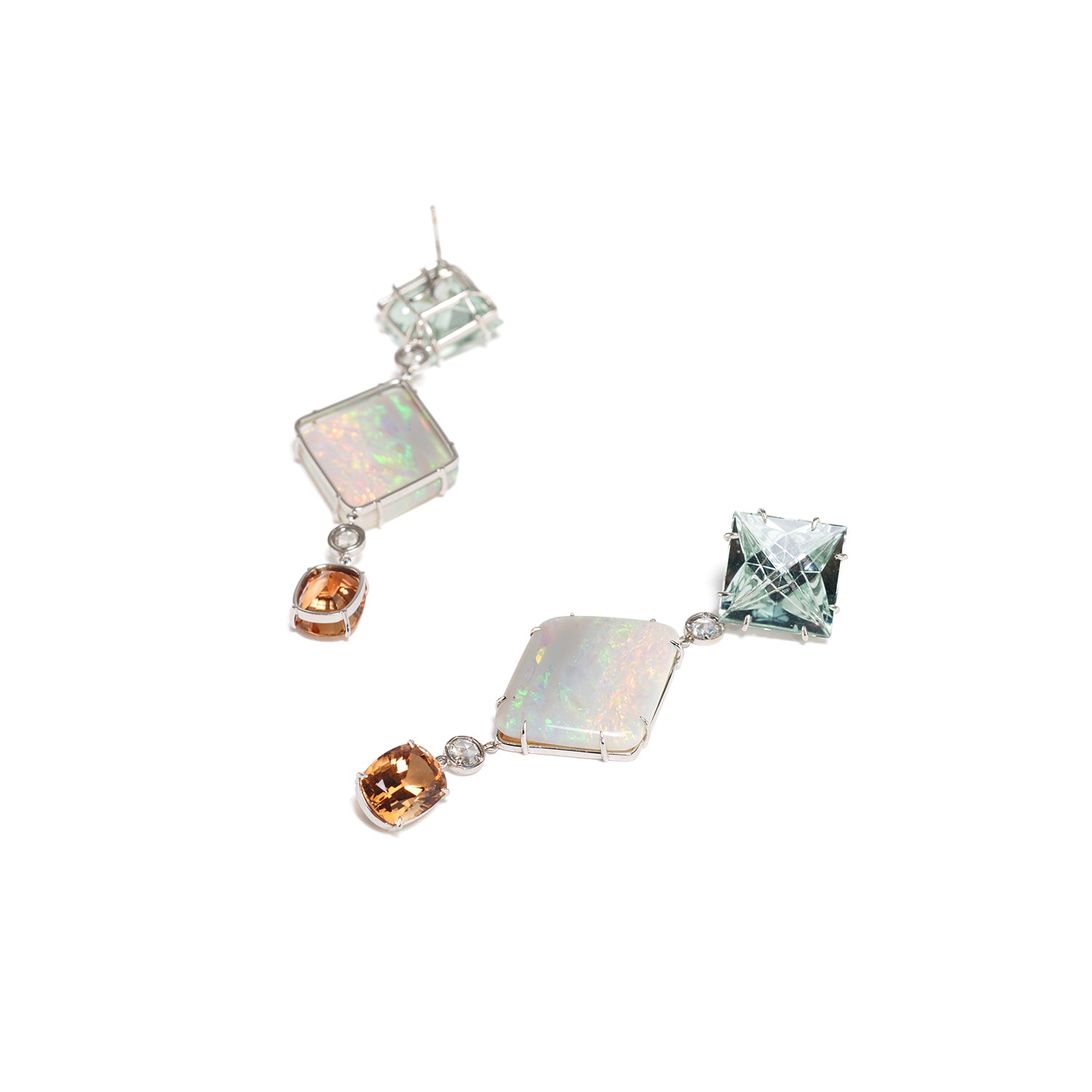 Mintabie Crystal Opal, Aquamarine, Diamond, & Peach Tourmaline Earrings