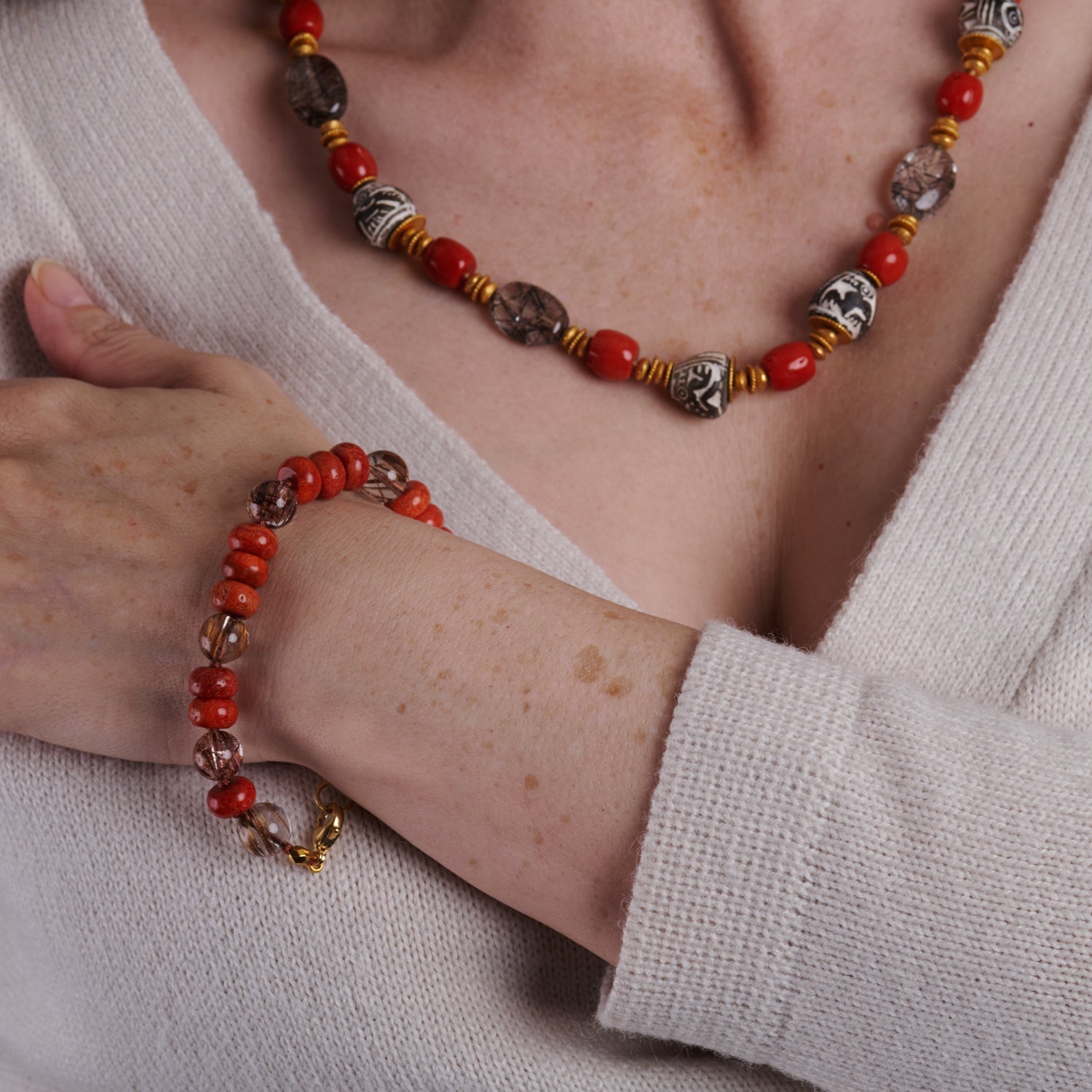 Italian Coral & Rutilated Quartz Bracelet