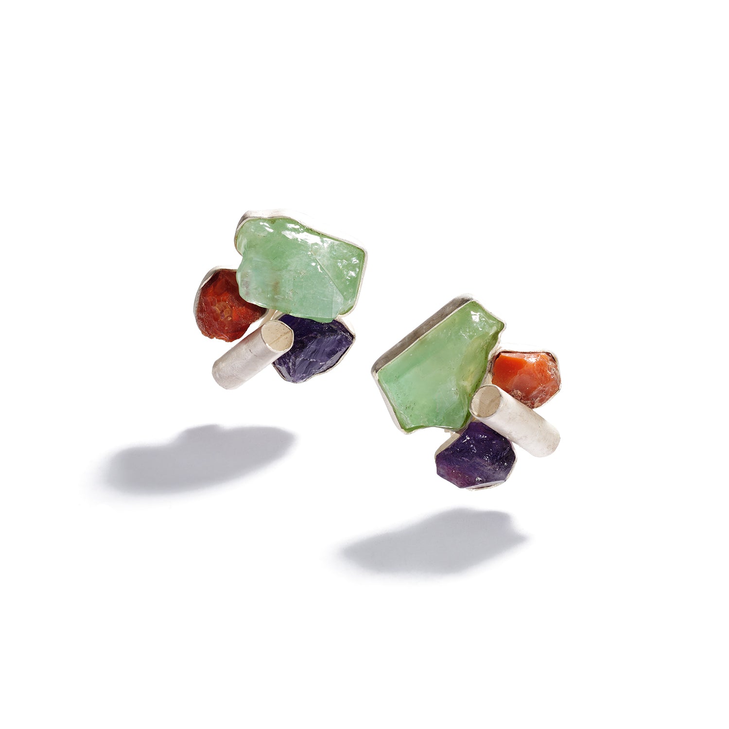 Prehnite, Mexican fire opal, and Amethyst Earrings