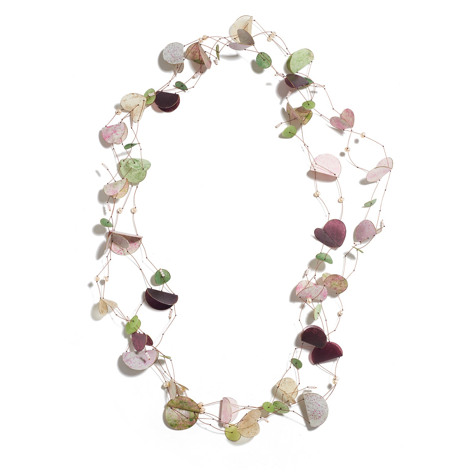 Green, Pink, & Pearls Parchment Necklace
