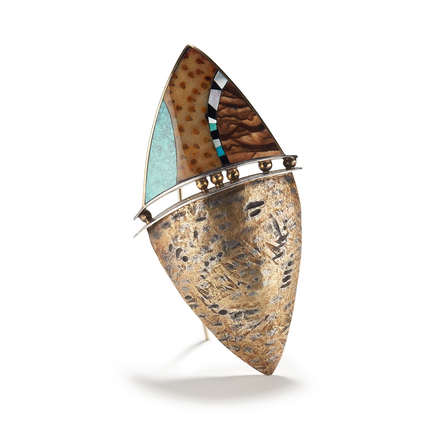 Inlaid Jasper, Palm Wood and Turquoise Brooch