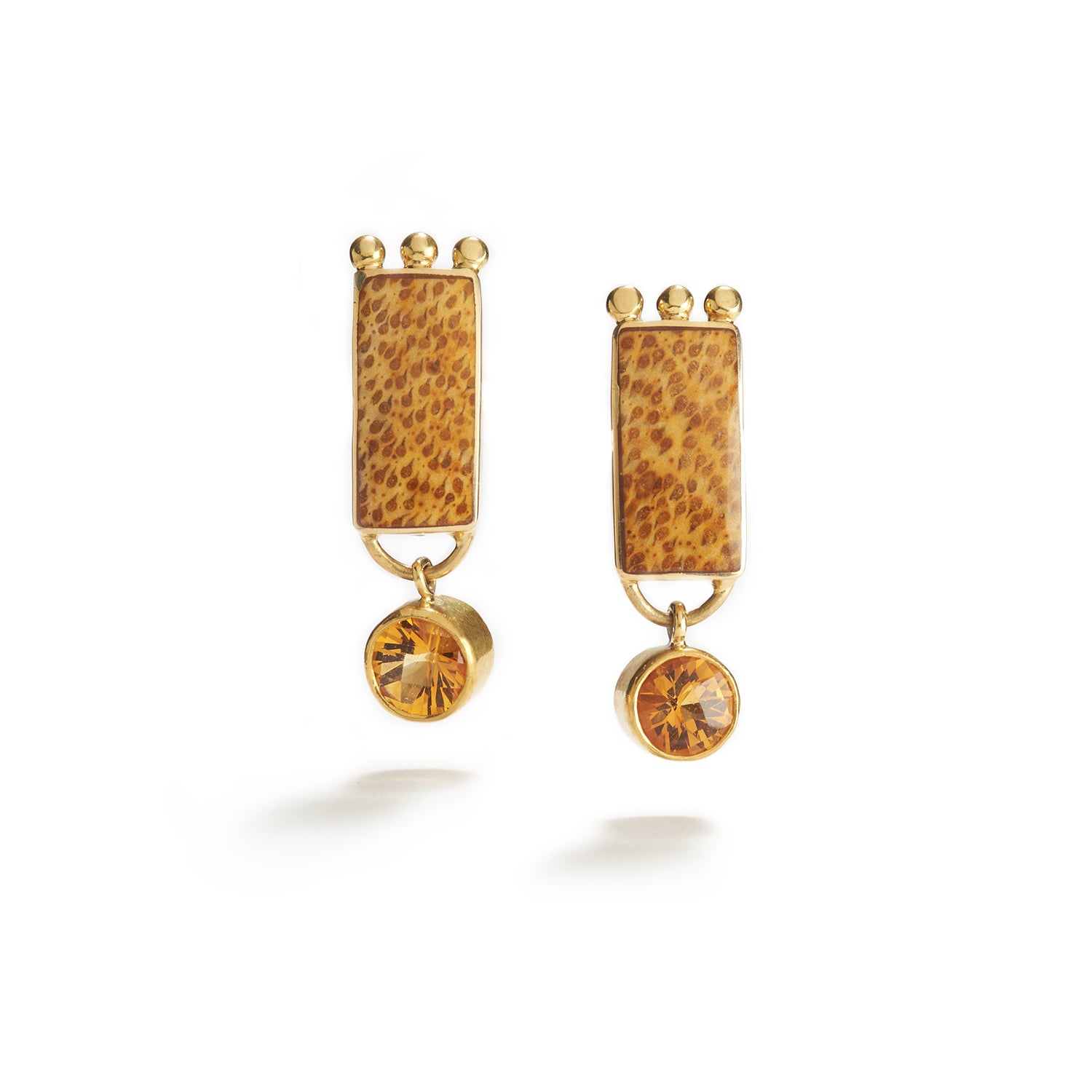 Earrings in Gold, Citrine, & Petrified Palmwood