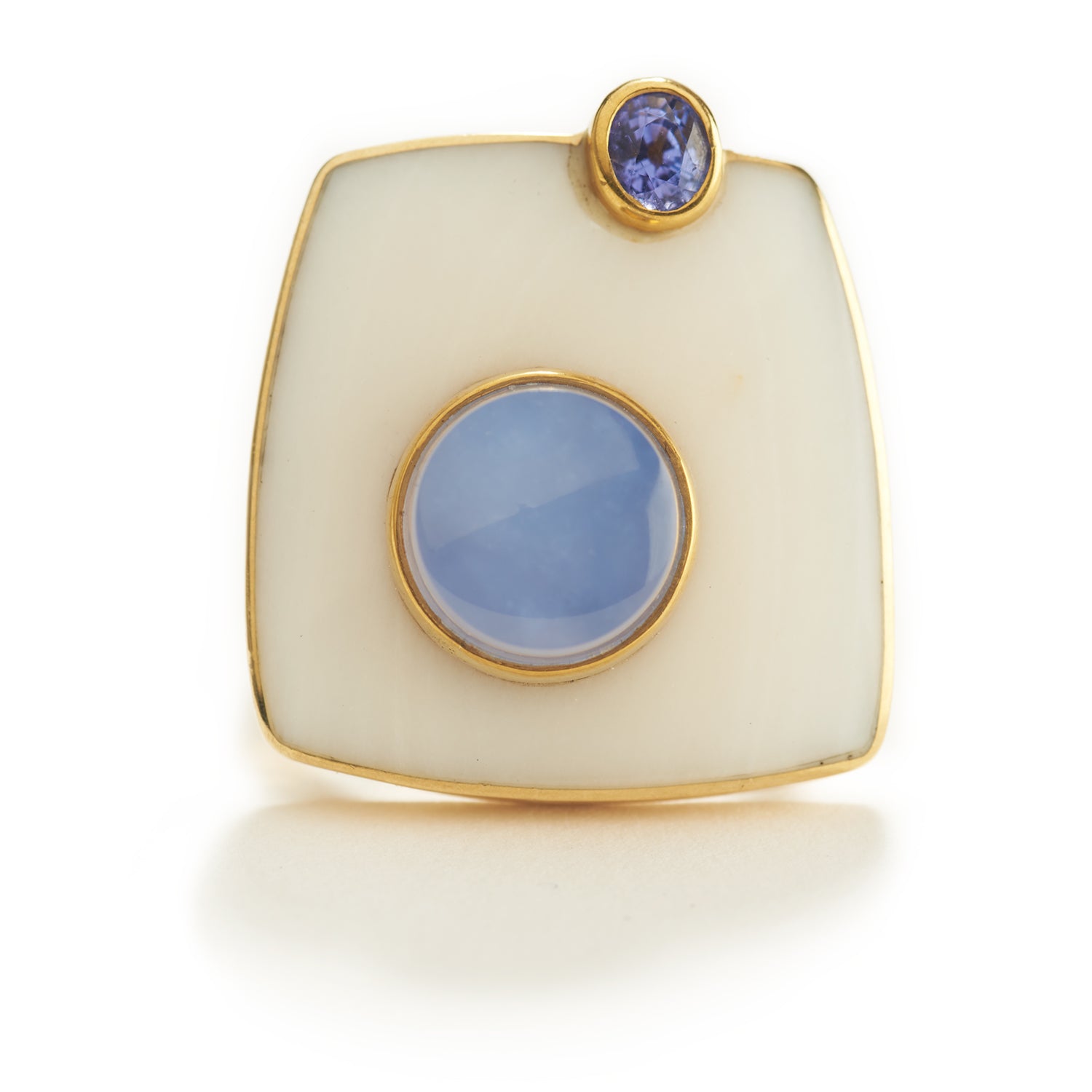 Ring in Gold, Coral, Chalcedony, & Sapphire