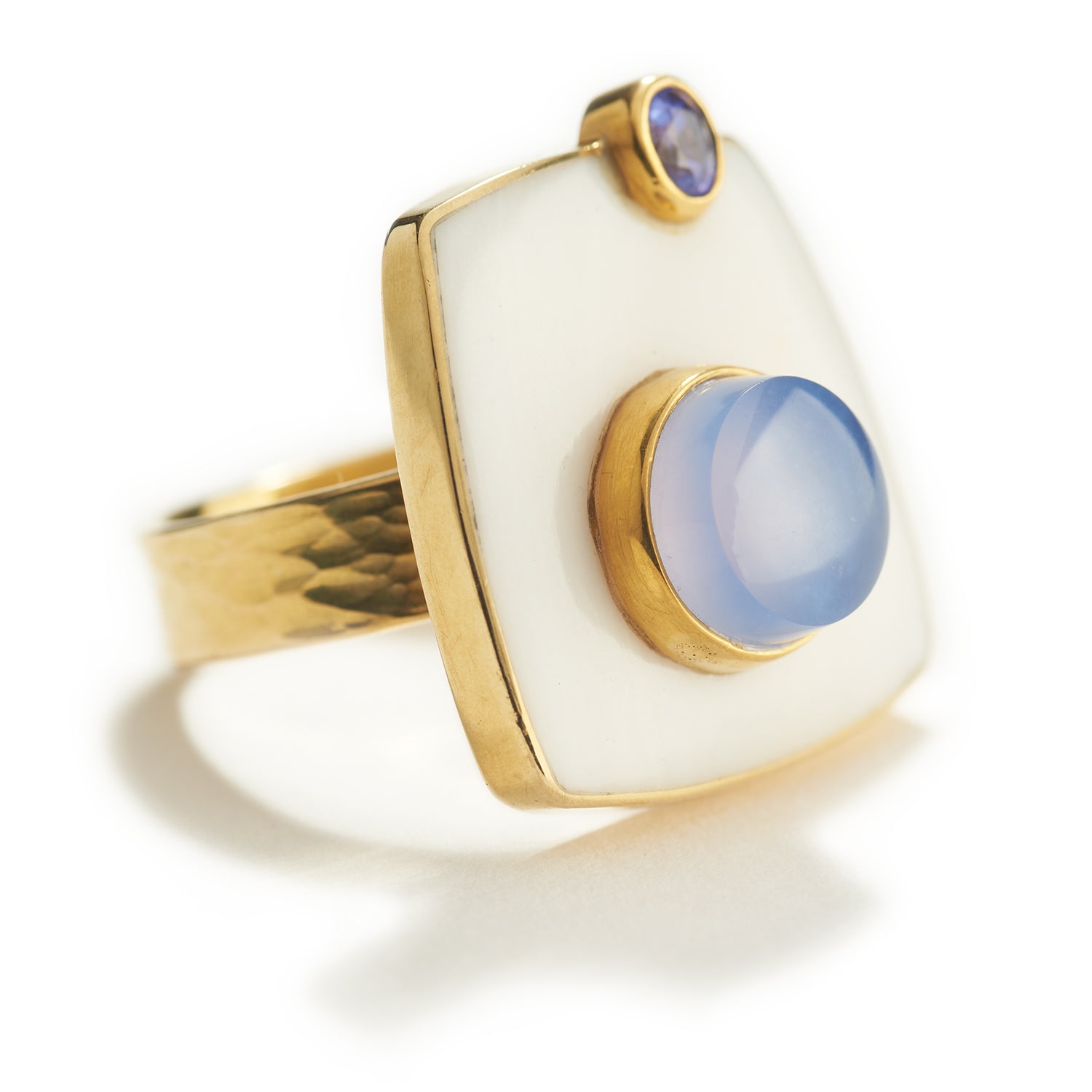 Ring in Gold, Coral, Chalcedony, & Sapphire
