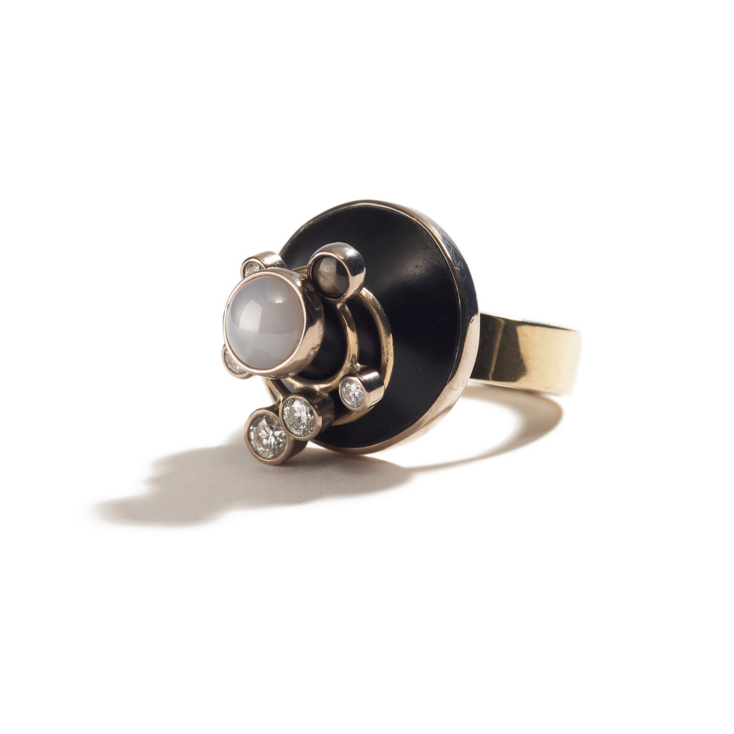 Ring in Gold, Jade, White & Black Sapphires, and Diamonds