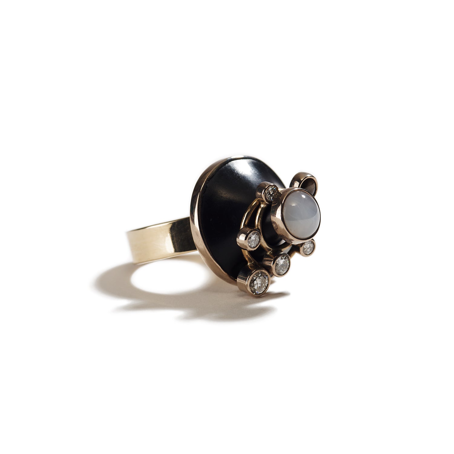 Ring in Gold, Jade, White & Black Sapphires, and Diamonds