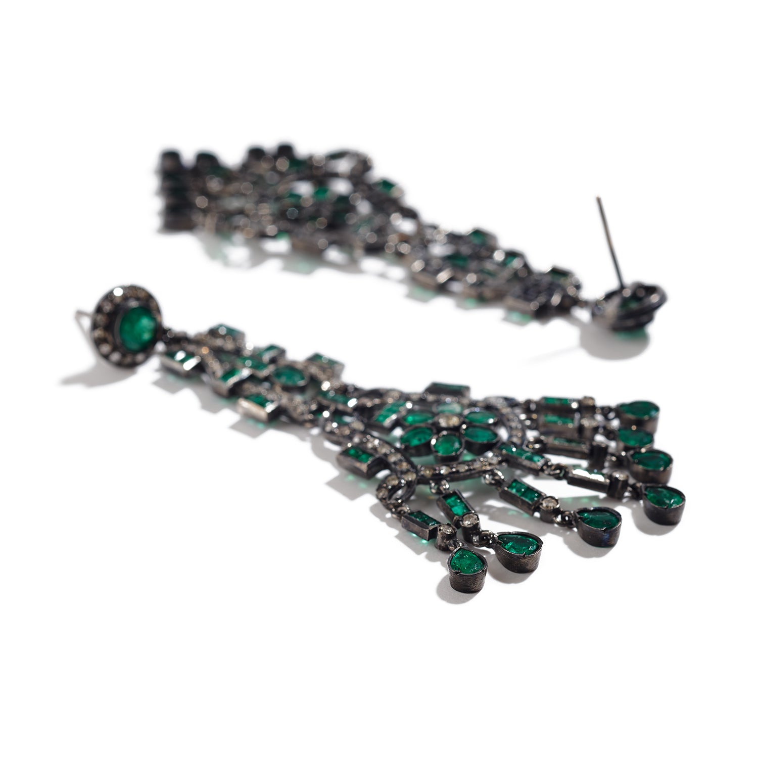 Antique Oxidized Sterling Silver, Emerald and Diamond Earrings