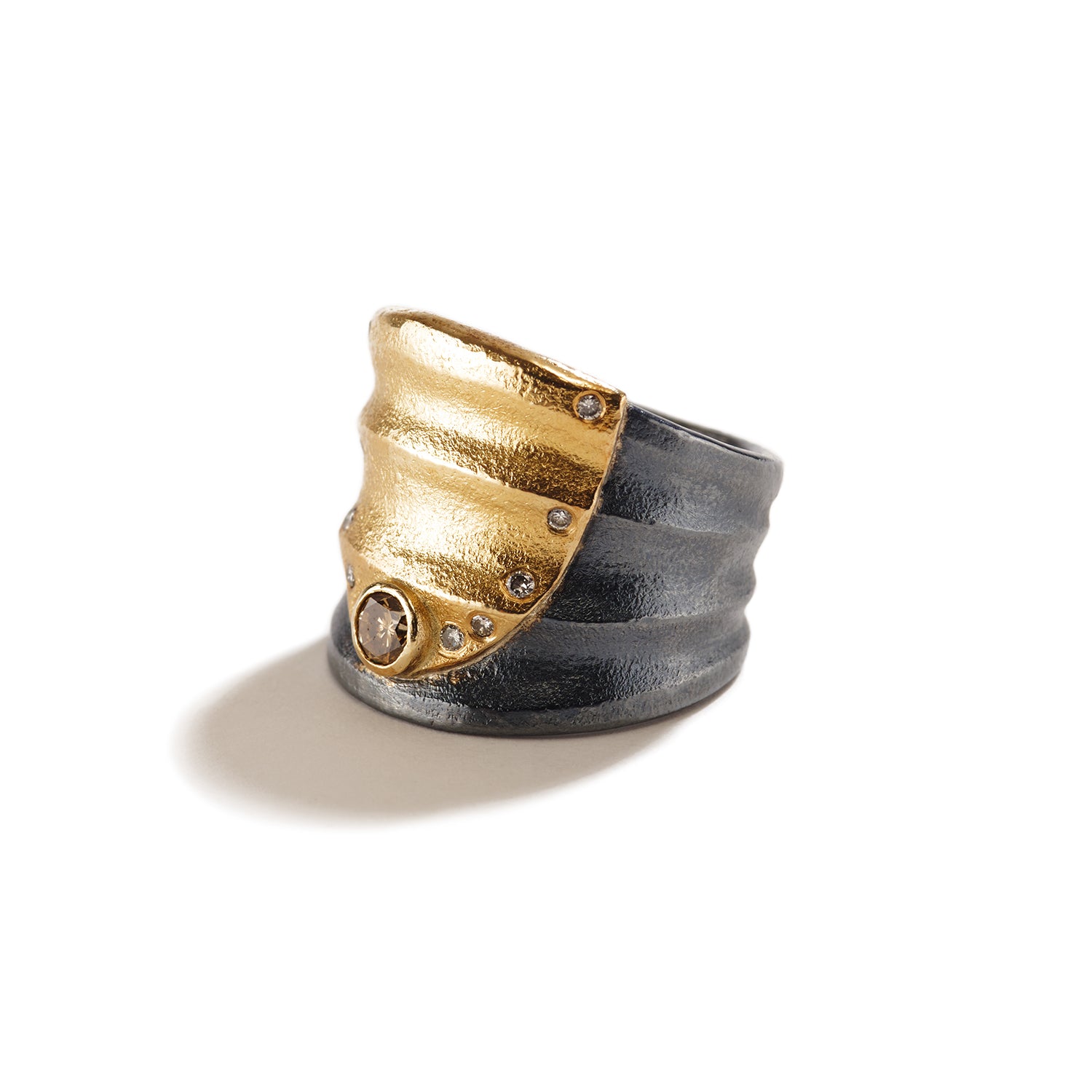 Ripple Oxidized Silver Ring with Diamonds