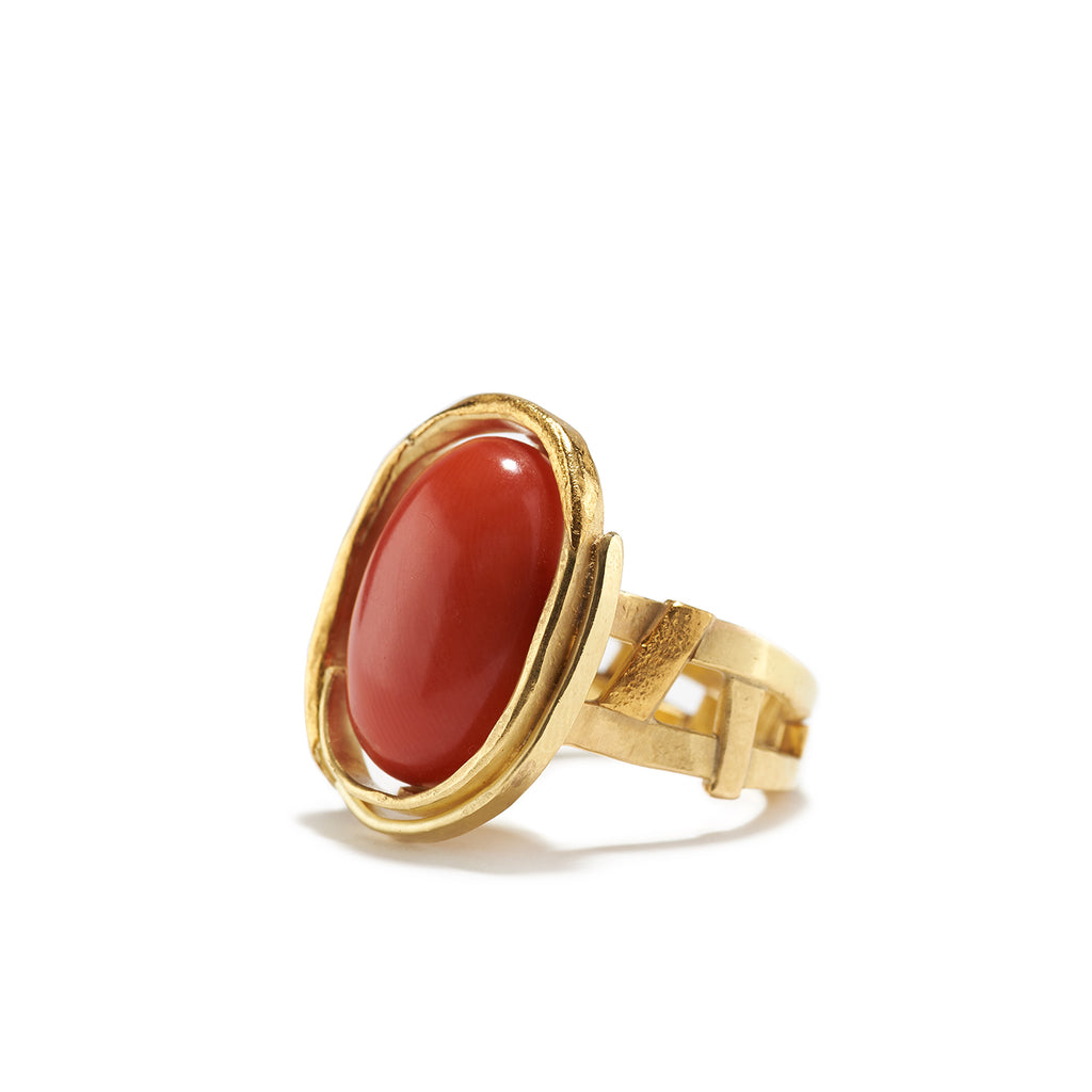 Vintage 18k Gold Round Natural Red Coral Ring 7.25US - Etsy