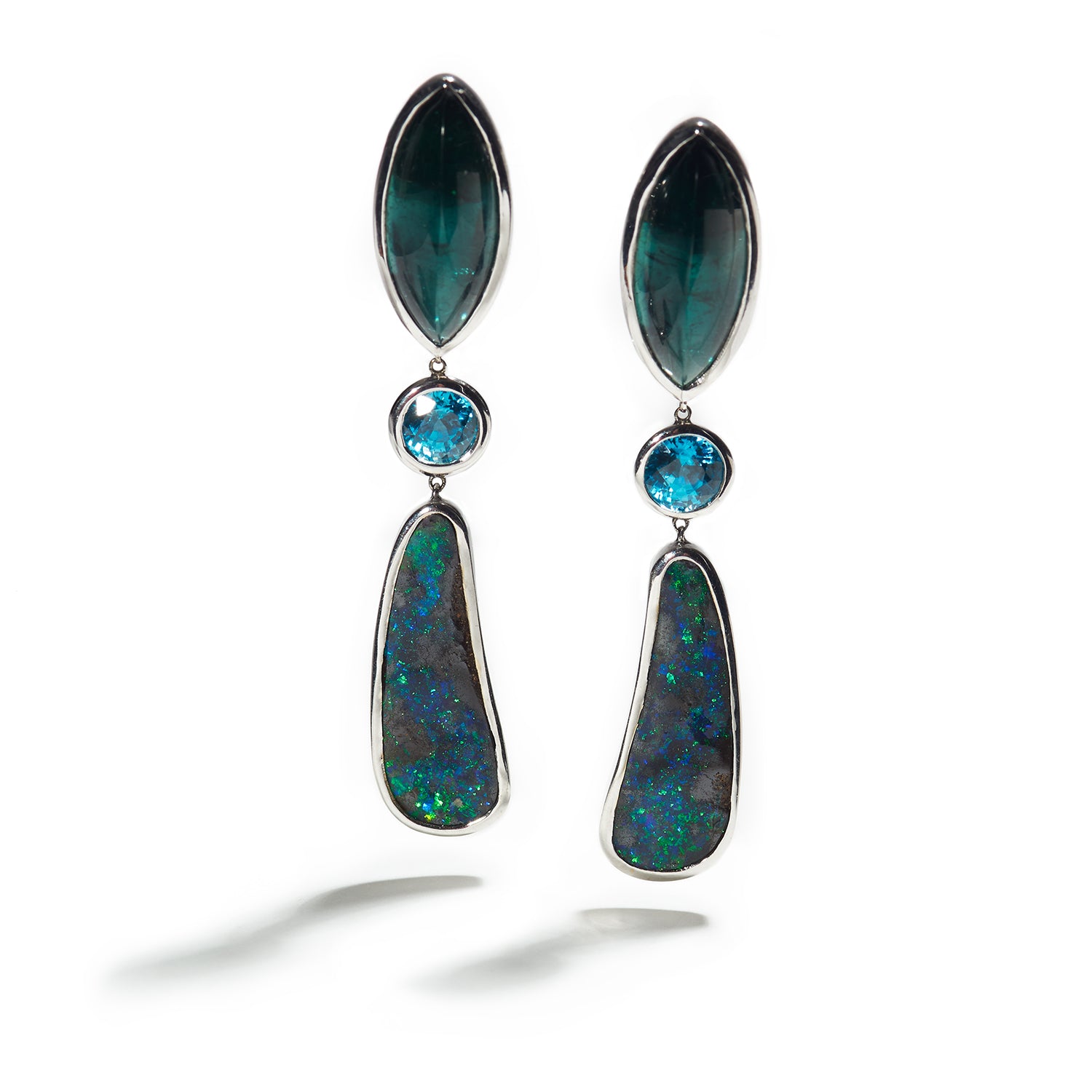 Indicolite, Blue Zircon & Boulder Opal Earrings