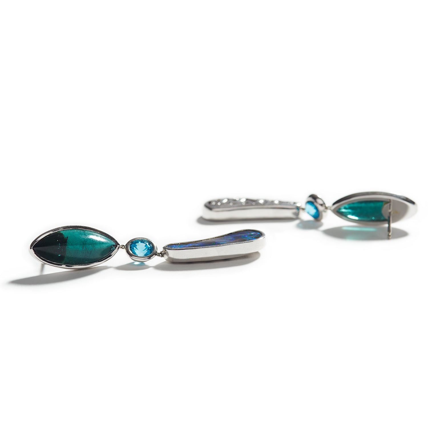 Indicolite, Blue Zircon & Boulder Opal Earrings