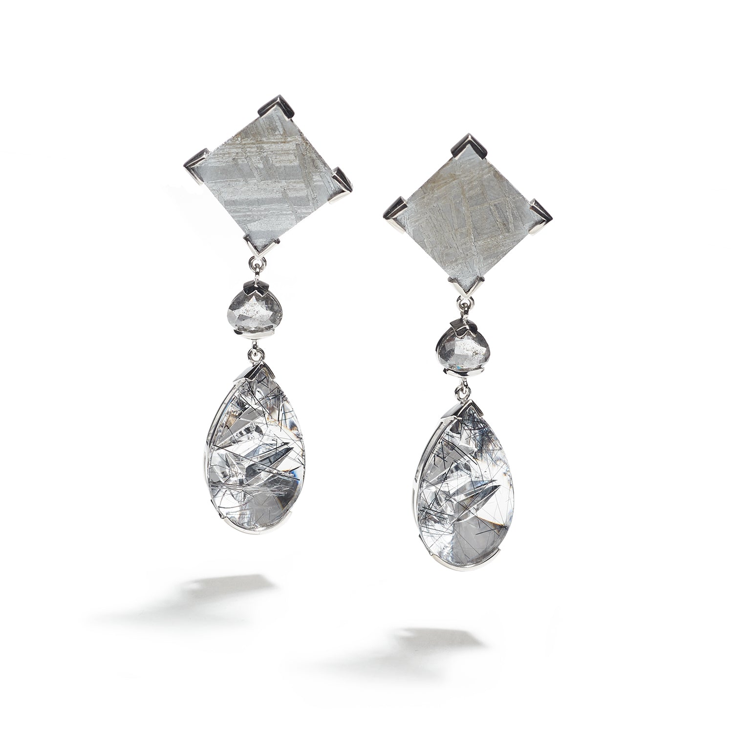 Meteorite, Diamond, & Tourmalated Quartz Earrings