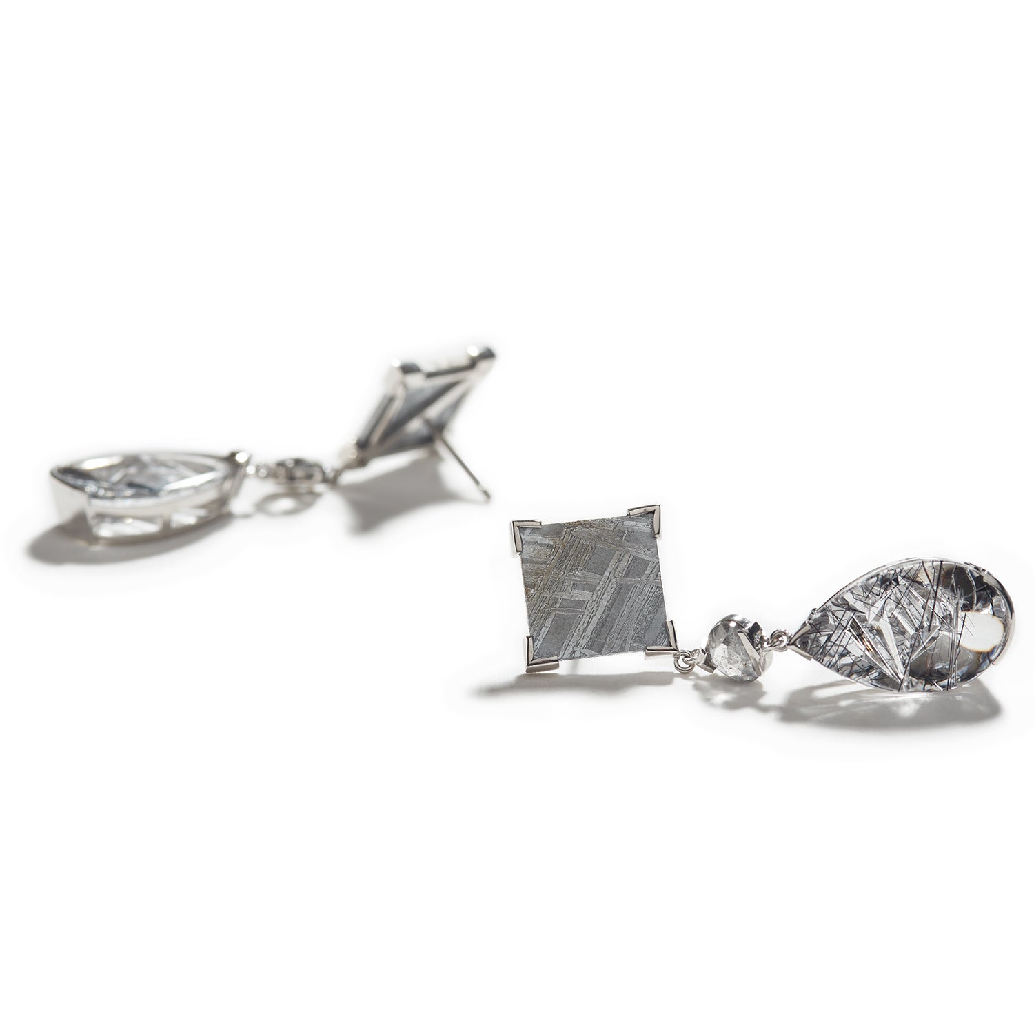 Meteorite, Diamond, & Tourmalated Quartz Earrings